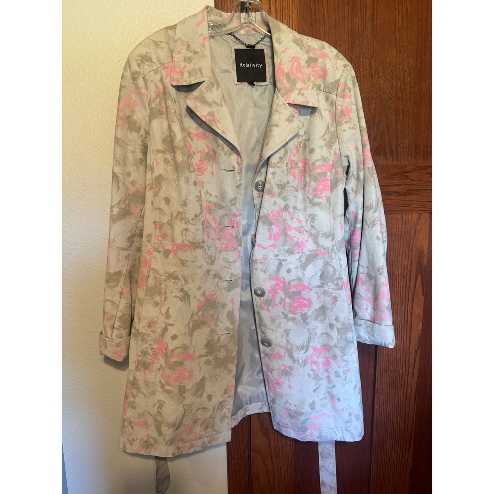 Relativity Womens XL Trench Coat Grey Pink Floral Abstract Button Front Belted